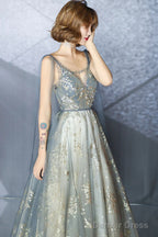 V-Neckline Sexy Shiny Tulle A-Line Long Prom Dress, Low Back Formal Dress