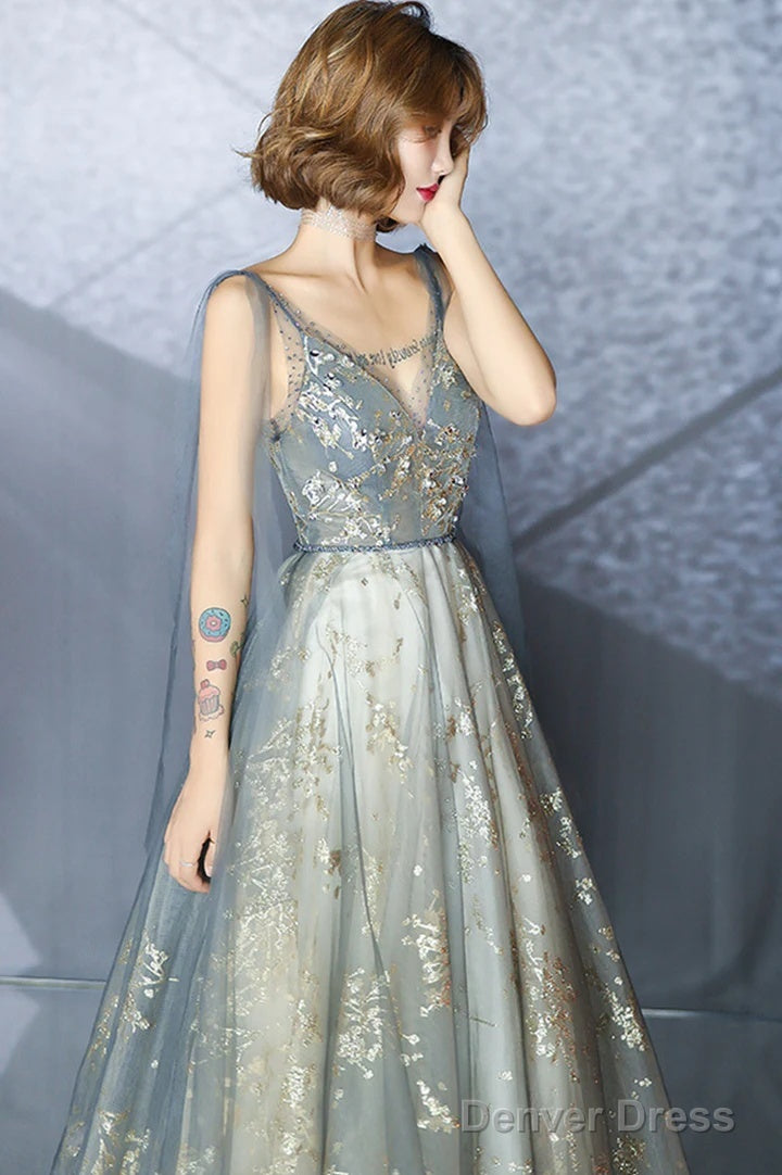 V-Neckline Sexy Shiny Tulle A-Line Long Prom Dress, Low Back Formal Dress