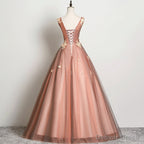V-neckline Tulle Ball Gown Pink Sweet 16 Dresses, Ball Gown Lace Applique Quinceanera Dress