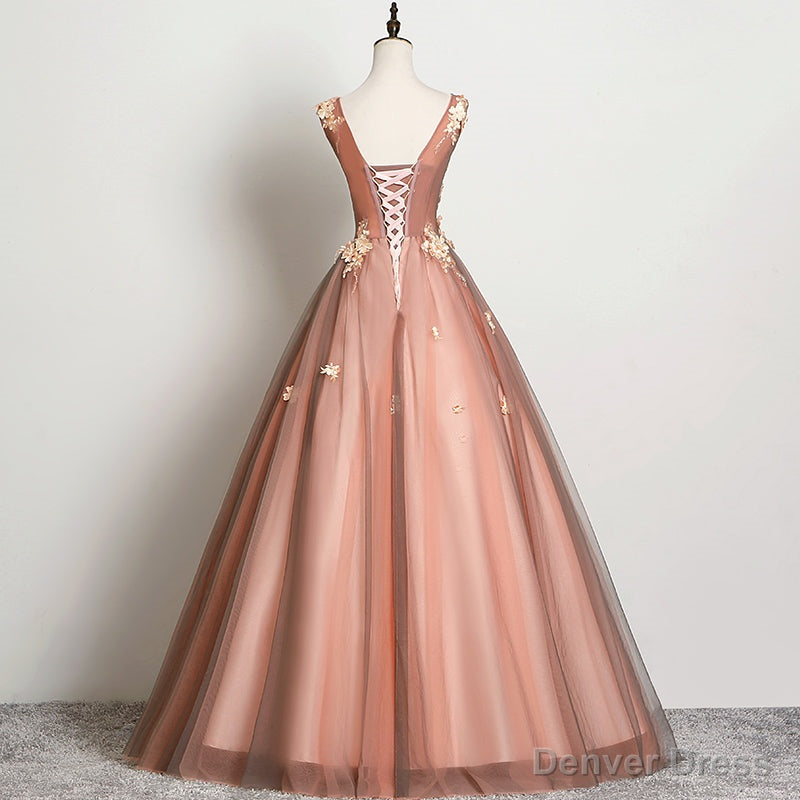 V Neckline Tulle Ball Gowns Pink Sweet 16 Dress, Ball Gowns Lace Applique Quinceanera Dresses
