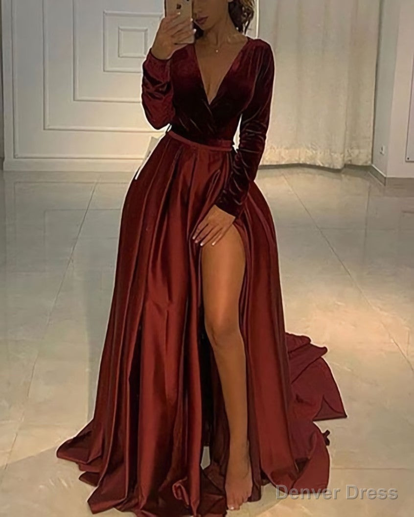 V Neckline Velvet Bodice Burgundy Prom Dresses Sexy Leg Slit Main image