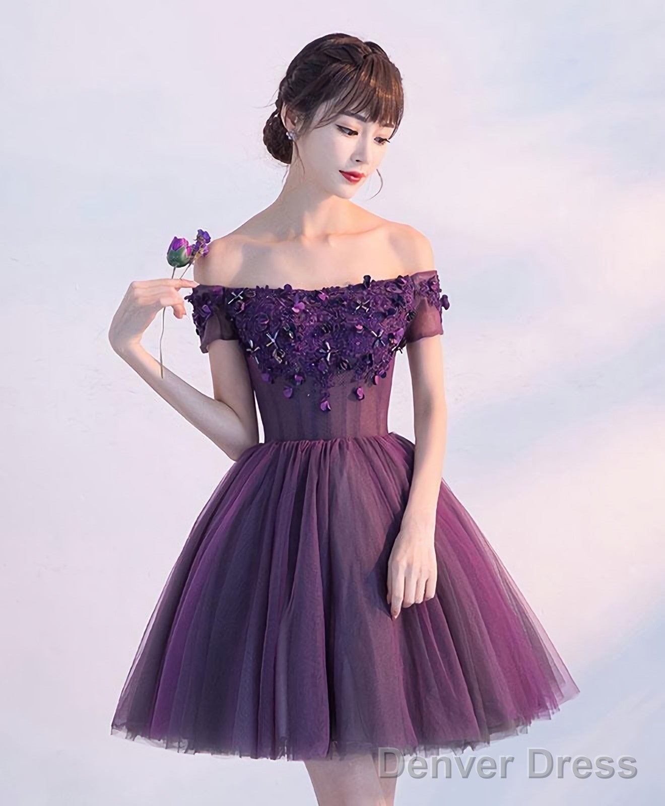 Cute A Line Purple Off Shoulder Short Prom Dress Homecoming Dress Main image