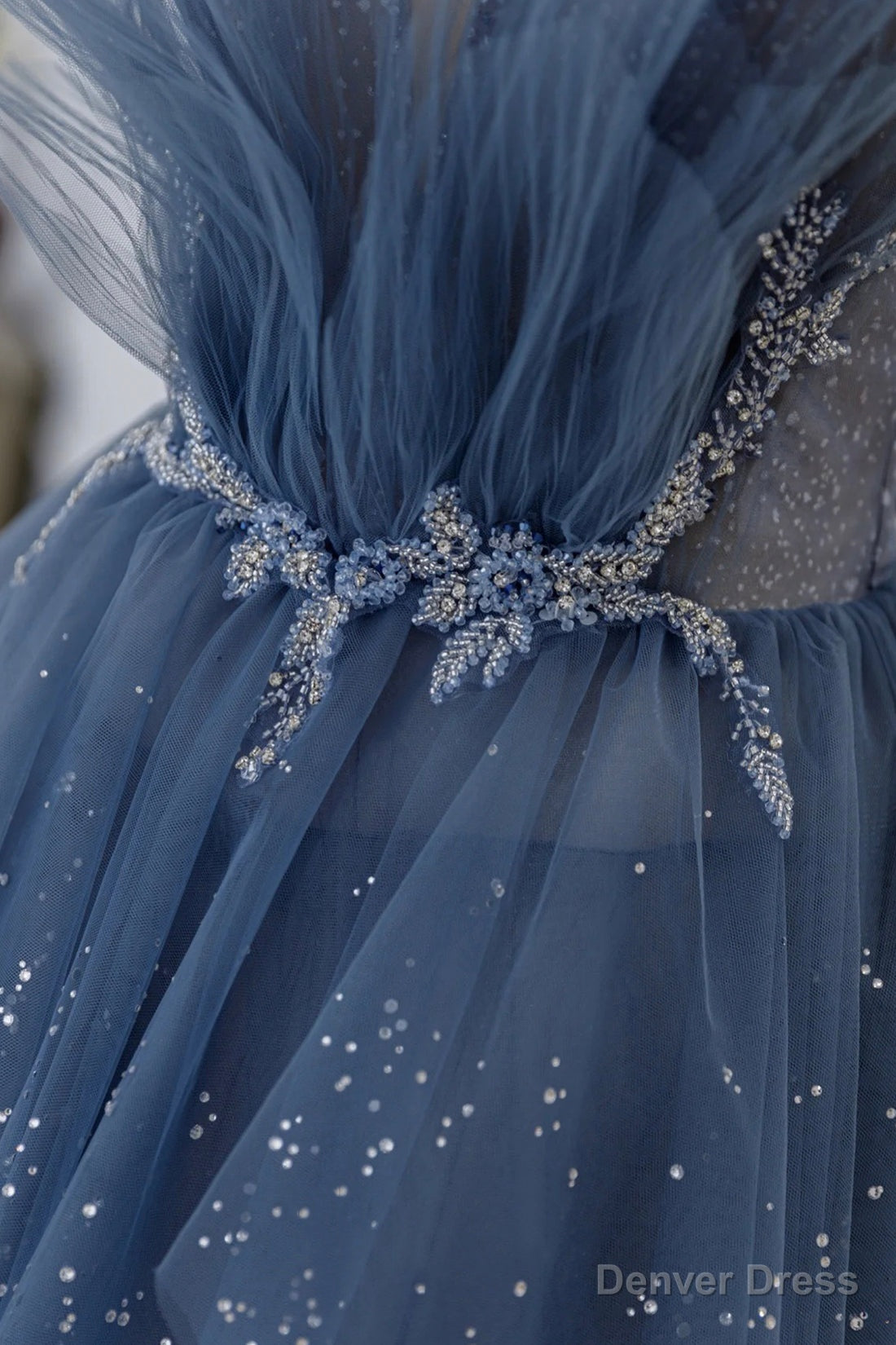 Blue Tulle Layers Straps Beaded Long Prom Dress, A Line Prom Dresses