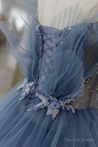 Blue Tulle Layers Straps Beaded Long Prom Dress, A Line Prom Dresses