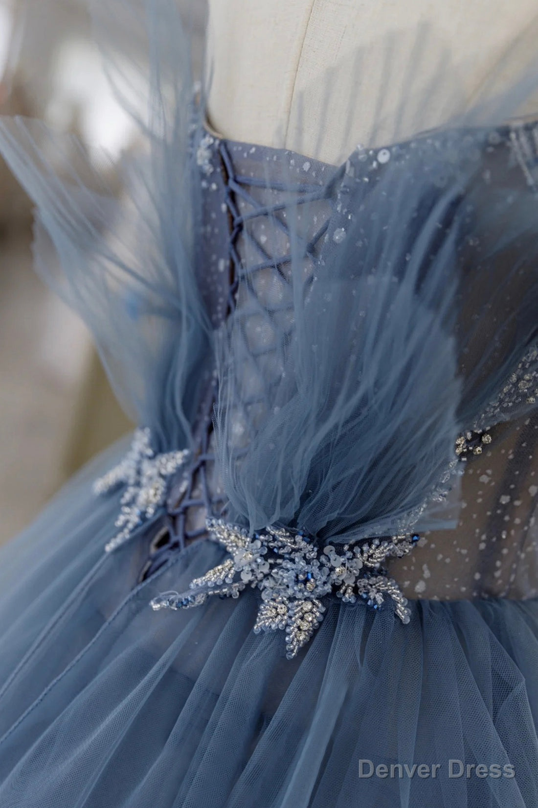Blue Tulle Layers Straps Beaded Long Prom Dress, A Line Prom Dresses
