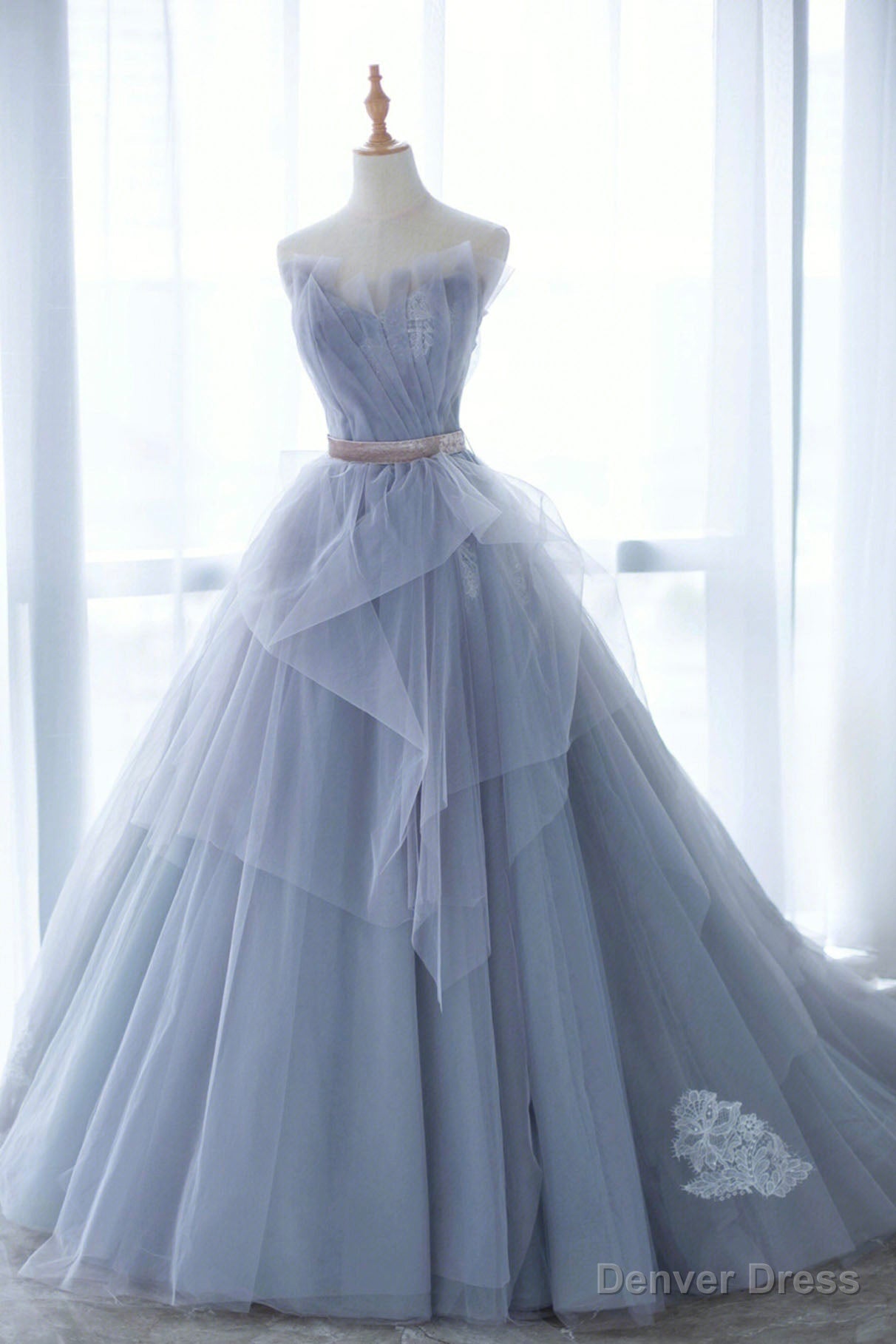 Blue Tulle Lace Long Prom Dress, A-Line Strapless Evening Gown Main image
