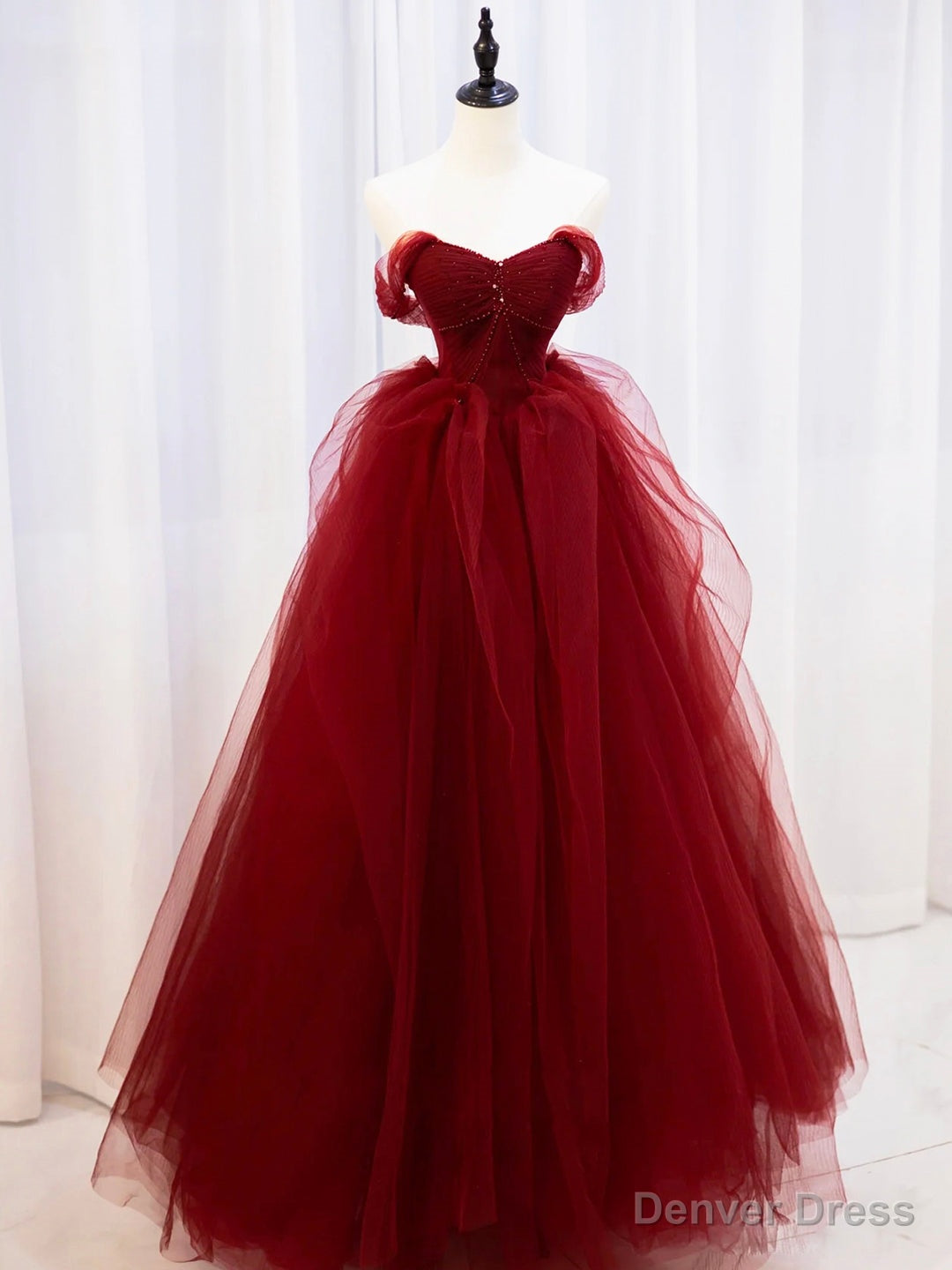 Burgundy Sweetheart Tulle Long Prom Dress with Beaded, Burgundy Party Dress Main image