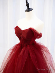 Burgundy Sweetheart Tulle Long Prom Dress with Beaded, Burgundy Party Dress