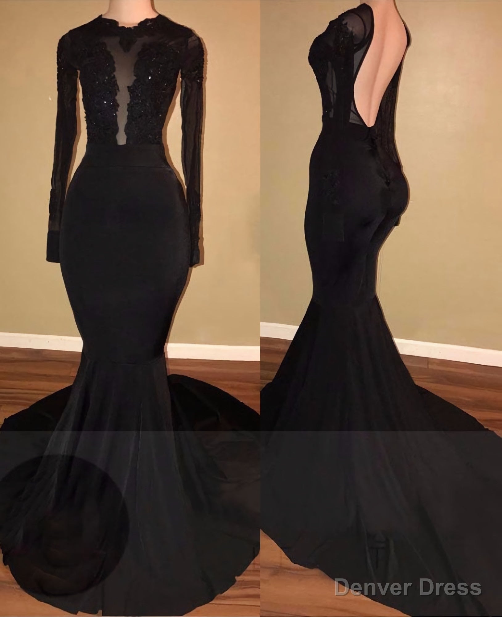 2026 Unique Black Long Sleeves Mermaid Backless Prom Dresses Main image