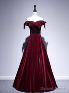 Velvet A Line Burgundy Long Prom Dress, Velvet Bridesmaid Dresses