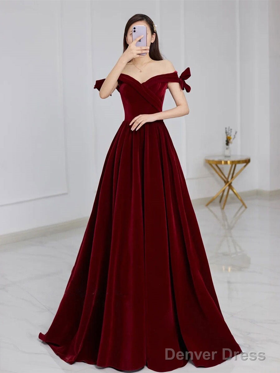 Velvet A Line Burgundy Long Prom Dress, Velvet Bridesmaid Dress
