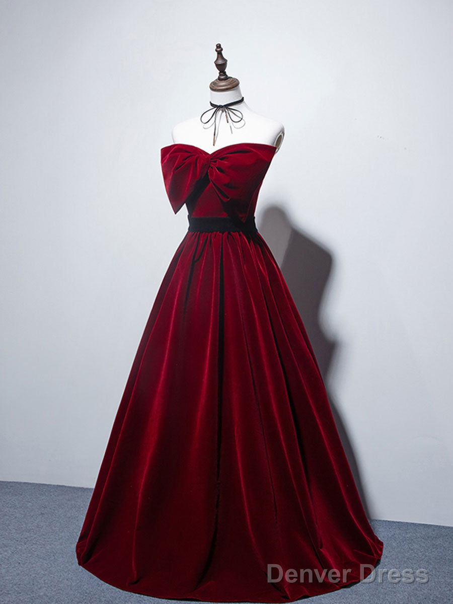 Velvet A Line Burgundy Satin Long Prom Dress, Velvet Bridesmaid Dresses