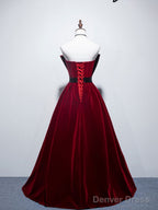 Velvet A Line Burgundy Satin Long Prom Dress, Velvet Bridesmaid Dresses