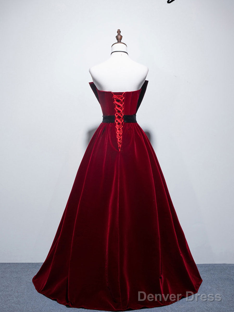 Velvet A Line Burgundy Satin Long Prom Dress, Velvet Bridesmaid Dresses