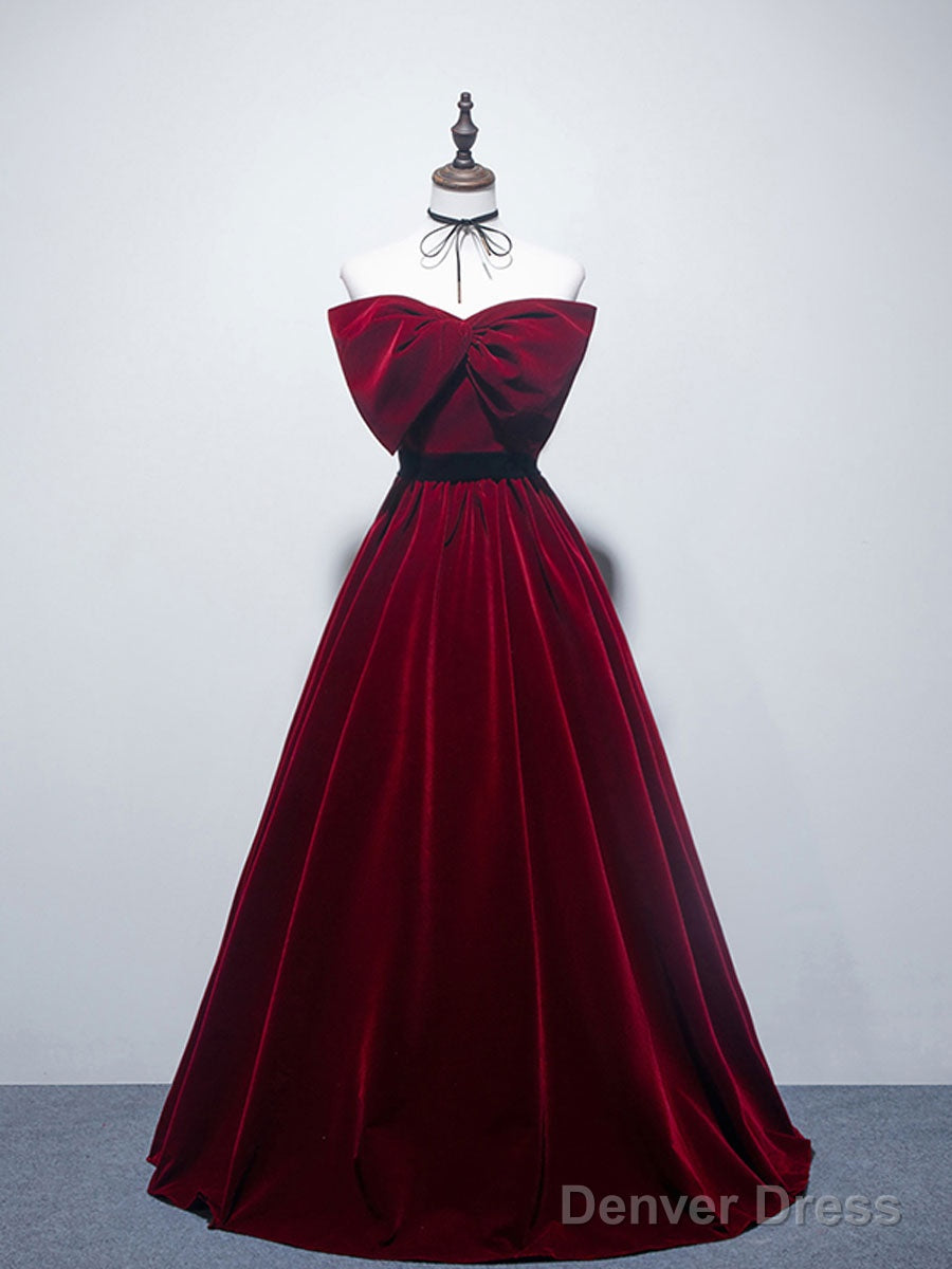 Velvet A Line Burgundy Satin Long Prom Dress, Velvet Bridesmaid Dresses