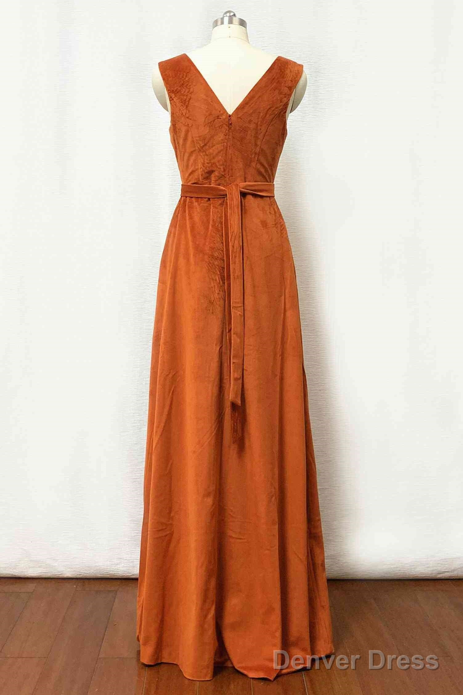 Velvet Burnt Orange Prom Dress V-Neck Bridesmaid Dresses Pleated With Belt