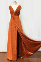 Velvet Burnt Orange Prom Dress V-Neck Bridesmaid Dresses Pleated With Belt