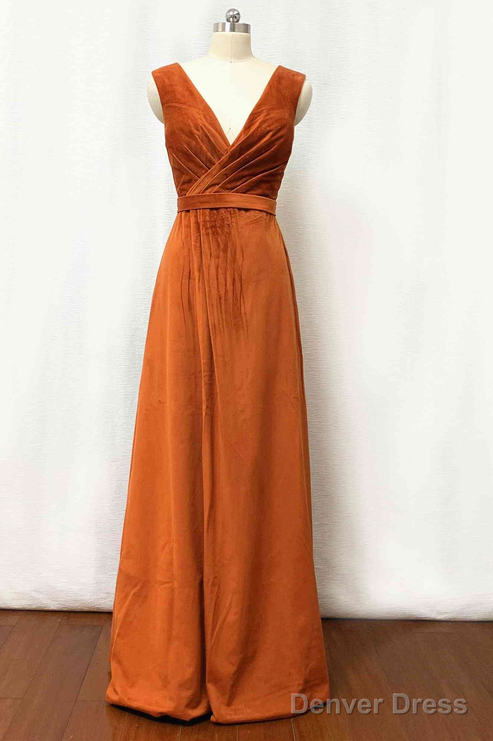 Velvet Burnt Orange Prom Dress V-Neck Bridesmaid Dresses Pleated With Belt