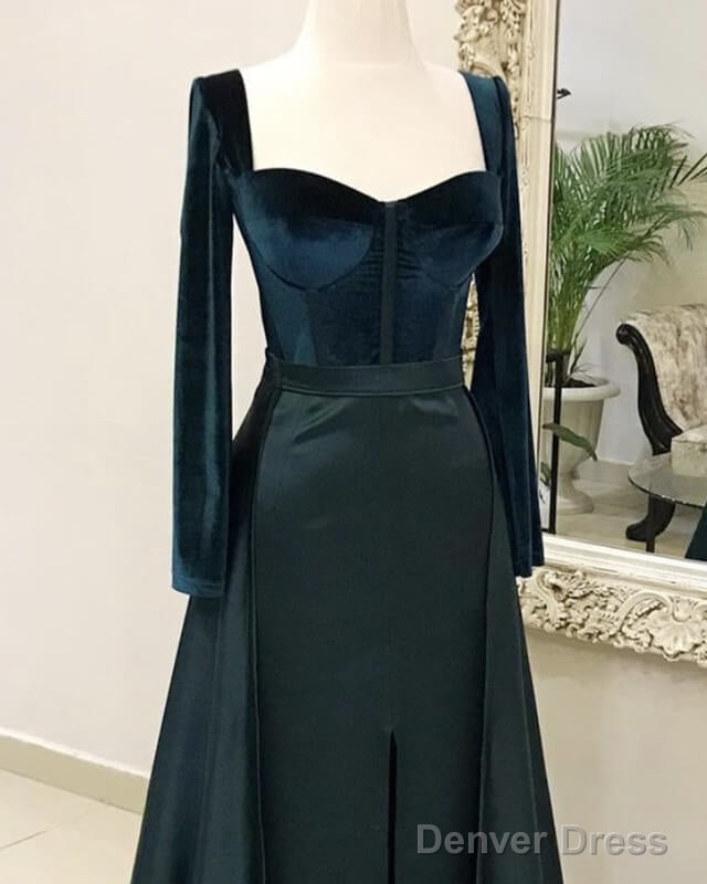 Velvet Long Sleeve Satin Split Gown Secondary image