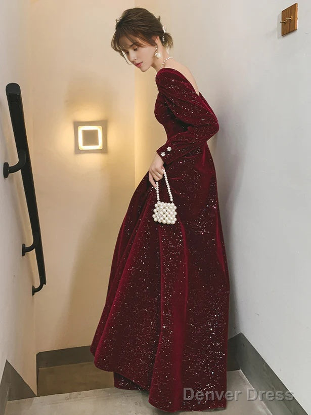 Velvet Long Sleeves A-Line Long Formal Dress Prom Dresses Wedding Guest Party Dresses