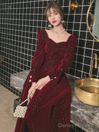 Velvet Long Sleeves A-Line Long Formal Dress Prom Dresses Wedding Guest Party Dresses