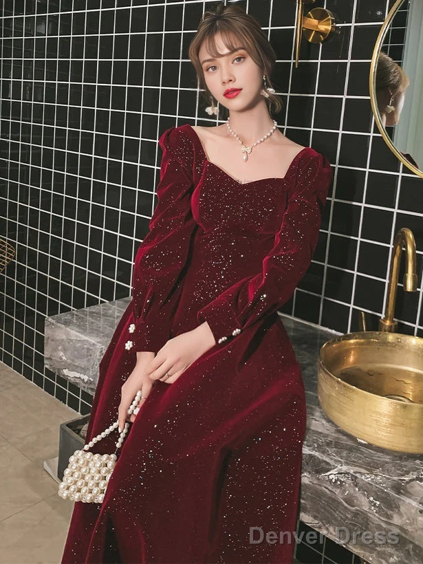 Velvet Long Sleeves A-Line Long Formal Dress Prom Dresses Wedding Guest Party Dresses
