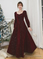 Velvet Long Sleeves A-Line Long Formal Dress Prom Dresses Wedding Guest Party Dresses