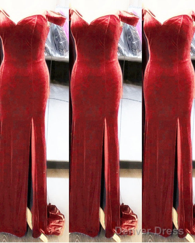 Velvet Mermaid Slit Bridesmaid Dresses Off Shoulder