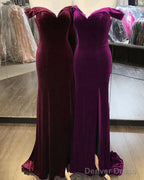 Velvet Mermaid Slit Bridesmaid Dresses Off Shoulder