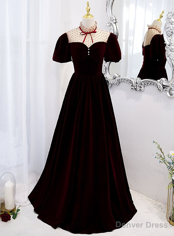Velvet Puff Sleeve High Neck Backless Prom Dress Main image