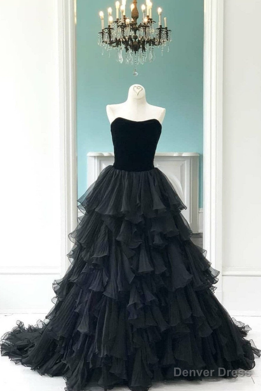 Velvet Strapless Black Prom Gowns with Pleated Tiered Skirt,Prom Dress Main image