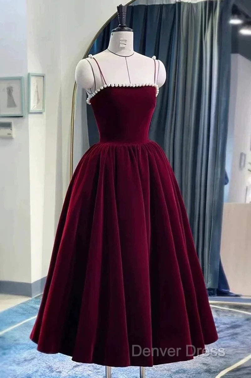 Velvet Tea Length Pearls Straps Prom Dress, Velvet Wedding Prom Dresses