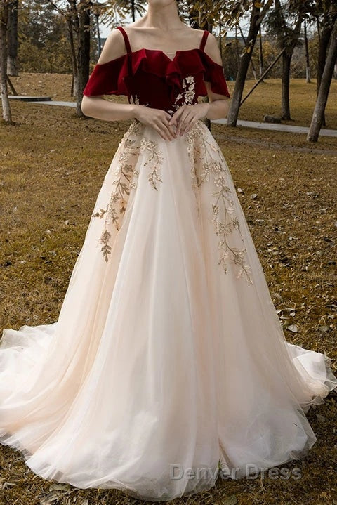 UniqueDresss Vintage Red Straps Tulle Prom Dress, Elegant Applique Prom Dresses Secondary image