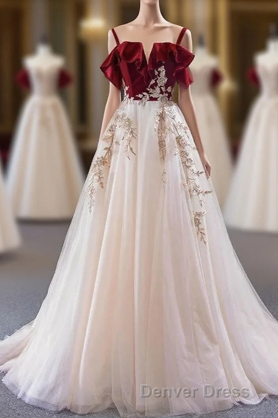 UniqueDressess Vintage Red Straps Tulle Formal Dresses, Elegant Applique Prom Dresses Main image