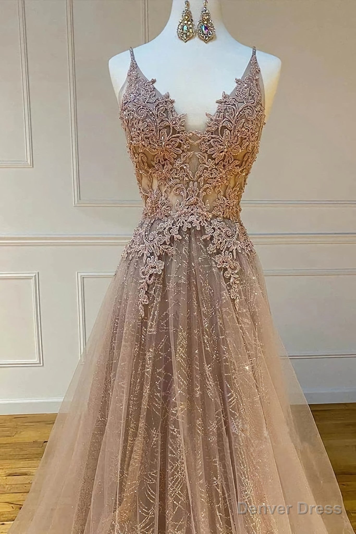 Sparkly Spaghetti Straps V Neck Lace Appliques Prom Dresses, Long Evening Dresses Secondary image