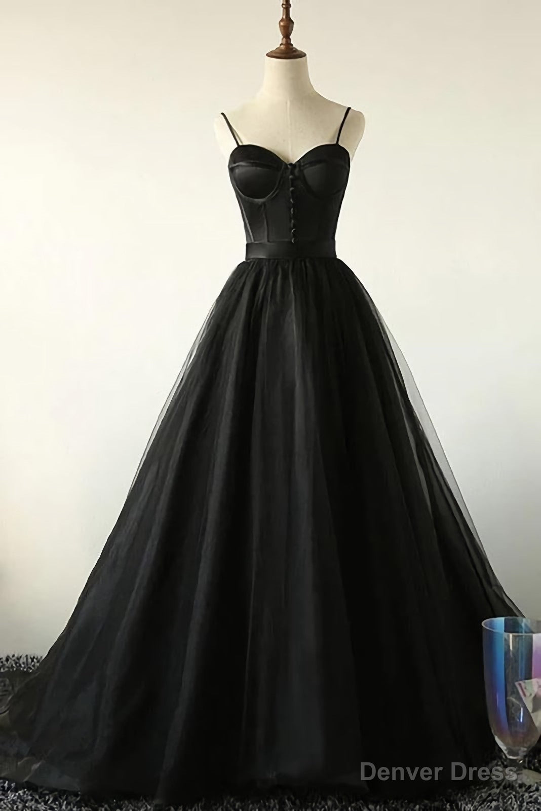 Charming Black Spaghetti Straps Sweetheart Tulle Prom Dress
