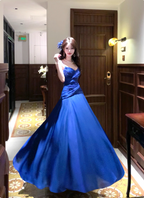Vibrant Royal Blue A-Line Spaghetti Strap Knot-Embellished Chiffon Long Prom Dresses Evening Dresses