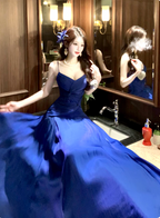 Vibrant Royal Blue A-Line Spaghetti Strap Knot-Embellished Chiffon Long Prom Dresses Evening Dresses