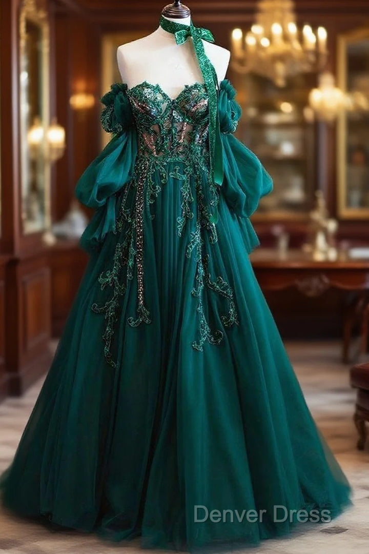 Vintage A Line Appliques Lace-Up A-Line Dark Green Tulle Prom Dresses Main image