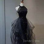 Vintage A Line Halter Black Prom Dress Sequin Prom Dresses