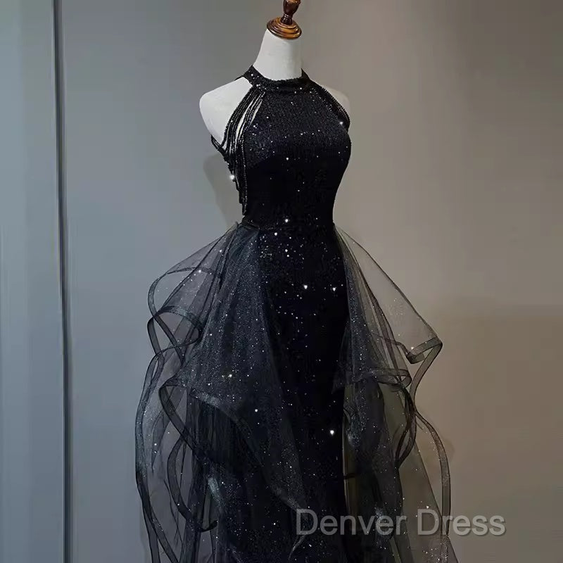 Vintage A Line Halter Black Prom Dress Sequin Prom Dresses
