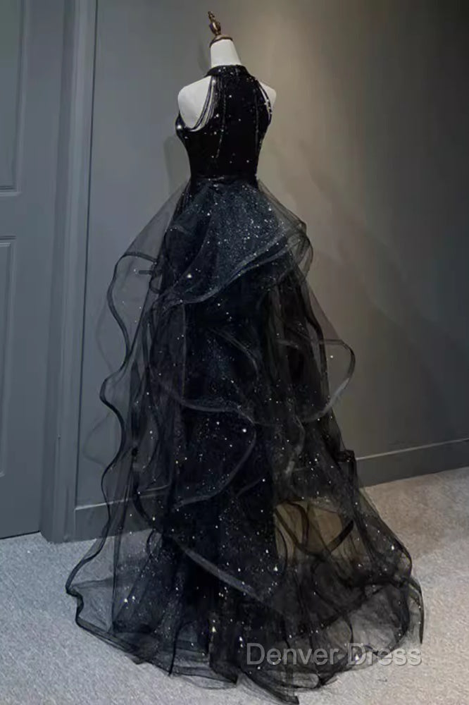 Vintage A Line Halter Black Party Dresses Sequin Prom Dresses