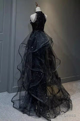 Vintage A Line Halter Black Party Dresses Sequin Prom Dresses