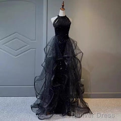 Vintage A Line Halter Black Party Dresses Sequin Prom Dresses