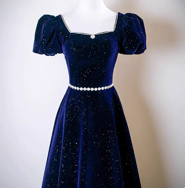 Vintage A-Line Navy Blue Square Neck Short Sleeve Glitter Satin Long Prom Dresses Evening Dresses Secondary image