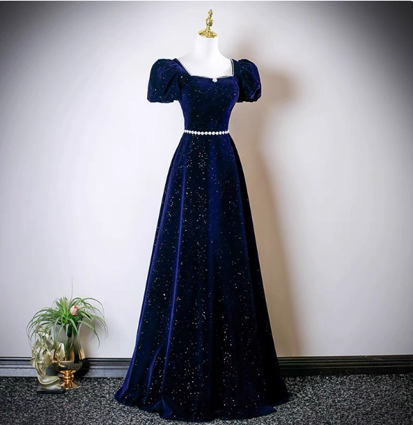 Vintage A-Line Navy Blue Square Neck Short Sleeve Glitter Satin Long Prom Dresses Evening Dresses Main image