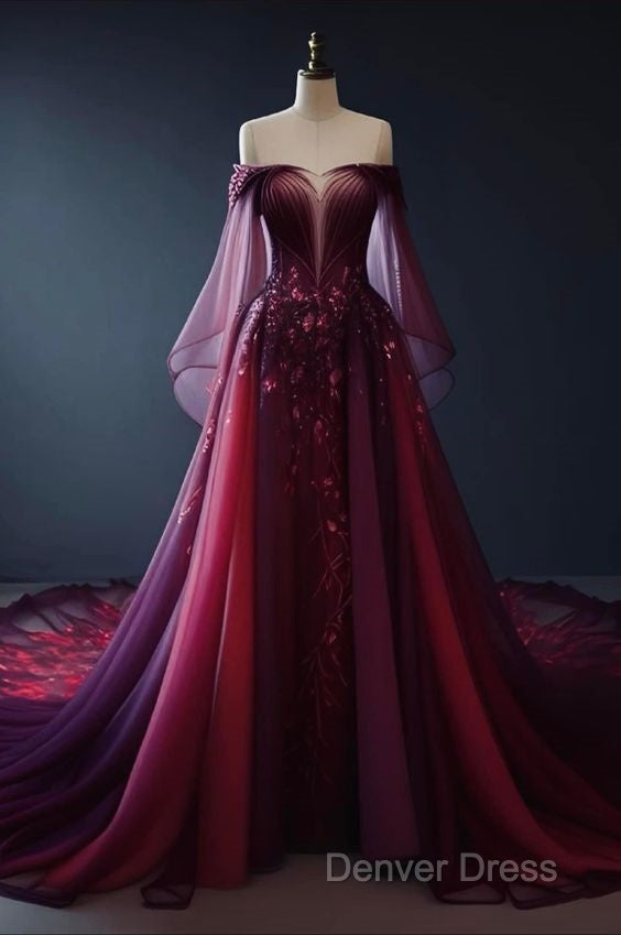 Vintage A Line Off The Shoulder Tulle Burgundy Prom Dresses