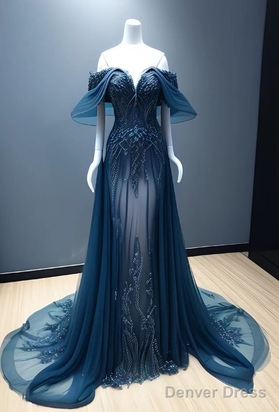 Vintage A Line Off The Shoulder Tulle Navy Blue Prom Dresses
