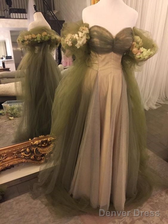 Vintage A Line Off The Shoulder Tulle Sage Green Prom Dresses