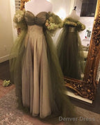 Vintage A Line Off The Shoulder Tulle Sage Green Prom Dresses